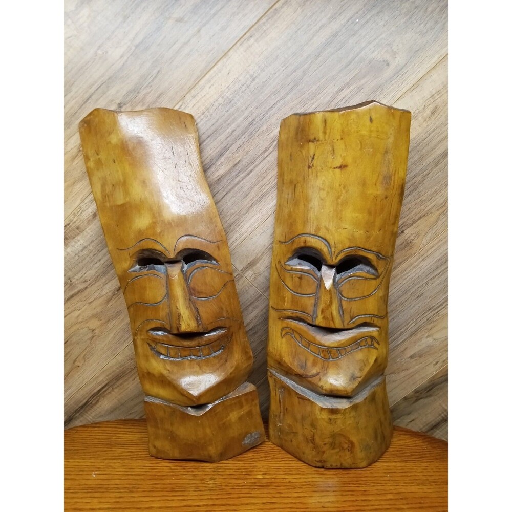 Vintage Carved Wood Mask Wall Hanging 20" Tall 7" wide Origin Unknown